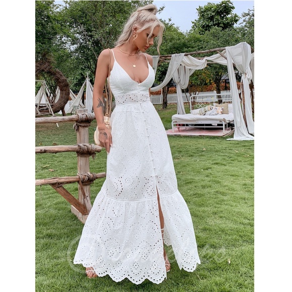 Rouge! Dresses & Skirts - Boho V-Neck Long White Fit & Flared Cami Dress